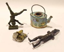 Box of various including an enamel teapot/inkwell, musical movement, bronze figure "Dusseldorf" etc