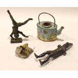 Box of various including an enamel teapot/inkwell, musical movement, bronze figure "Dusseldorf" etc