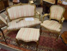 Matched Louis Quinze style composite suite comprising a gilt framed two-seater cottage sofa, similar