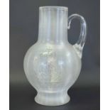 Large Victorian commemorative glass jug etched with crown above a Tudor rose with ER and date 1560