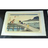 Two Japanese wood block prints, one by Utagawa of children crossing a bridge, the other of a village