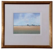 AR John Bond (born 1945), Beach with huts and figures, oil on board, signed lower left, 17 x 22cm