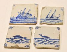 Group of four English Delft tiles, all with various designs in blue and white with shipping