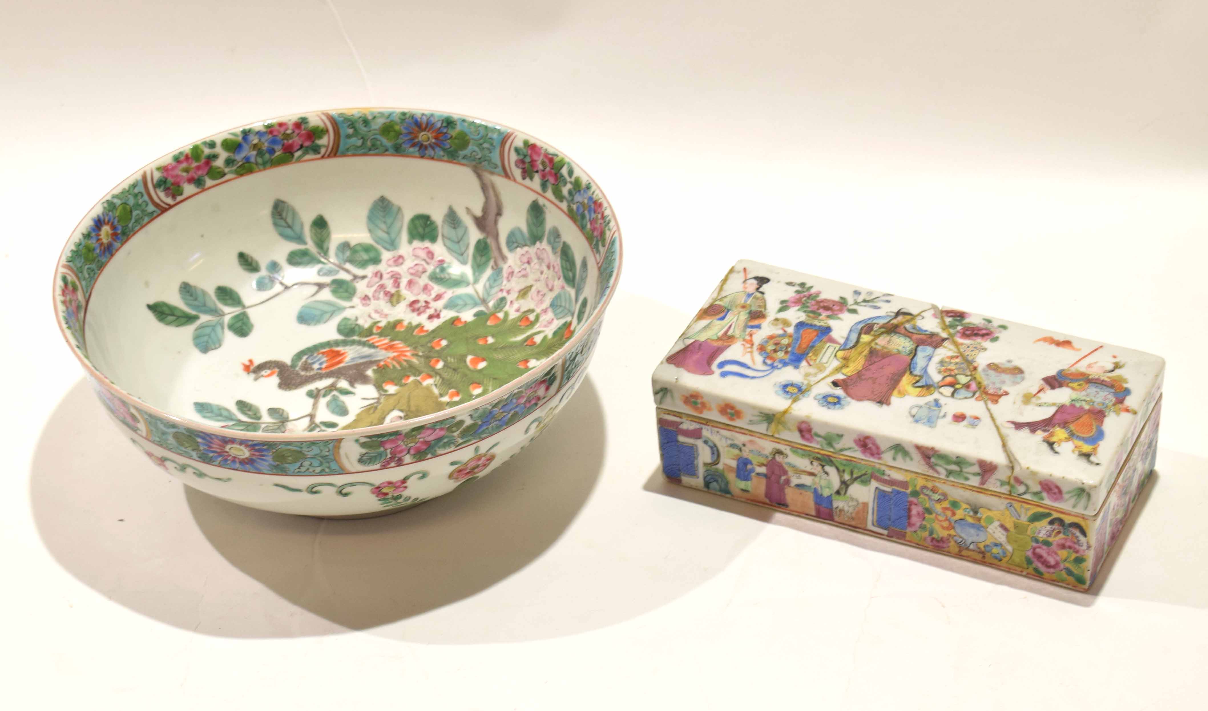 Late 19th century Cantonese porcelain rectangular box and cover decorated in famille rose with