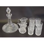Cut glass ship's decanter and stopper together with two cut glass jugs and four tumblers (9)