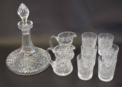 Cut glass ship's decanter and stopper together with two cut glass jugs and four tumblers (9)