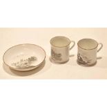 Two bat printed early 19th century coffee cans and a saucer, probably Spode, (3)