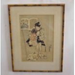 Japanese wood block print of a geisha, in bamboo frame, the print 35cm long