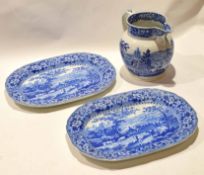 Two early 19th century pearlware dishes with landscape scenes and floral border, together with a