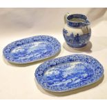 Two early 19th century pearlware dishes with landscape scenes and floral border, together with a