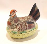 Late 19th century Staffordshire type hen tureen, the base modelled as a basket with hen and eggs