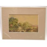 Attributed to Thomas Lound (1802-1861), Cottage by a river, watercolour, 13 x 21cm, mounted but