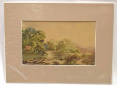 Attributed to Thomas Lound (1802-1861), Cottage by a river, watercolour, 13 x 21cm, mounted but