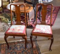 Set of four mahogany Queen Anne style dining chairs with wool embroidered drop in seats depicting