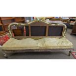 Parcel gilded and painted sofa, the arched back carved with ribbons, foliage and bird, also with a
