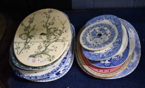 Group of mid/late 19th century English pottery strainers with various designs in blue and white