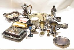 Box of various silver plate including salver, tea service, goblet, coaster set, small presentation