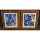 Pair of blue printed Delft type pictures (constructed from small tiles) depicting scene of a