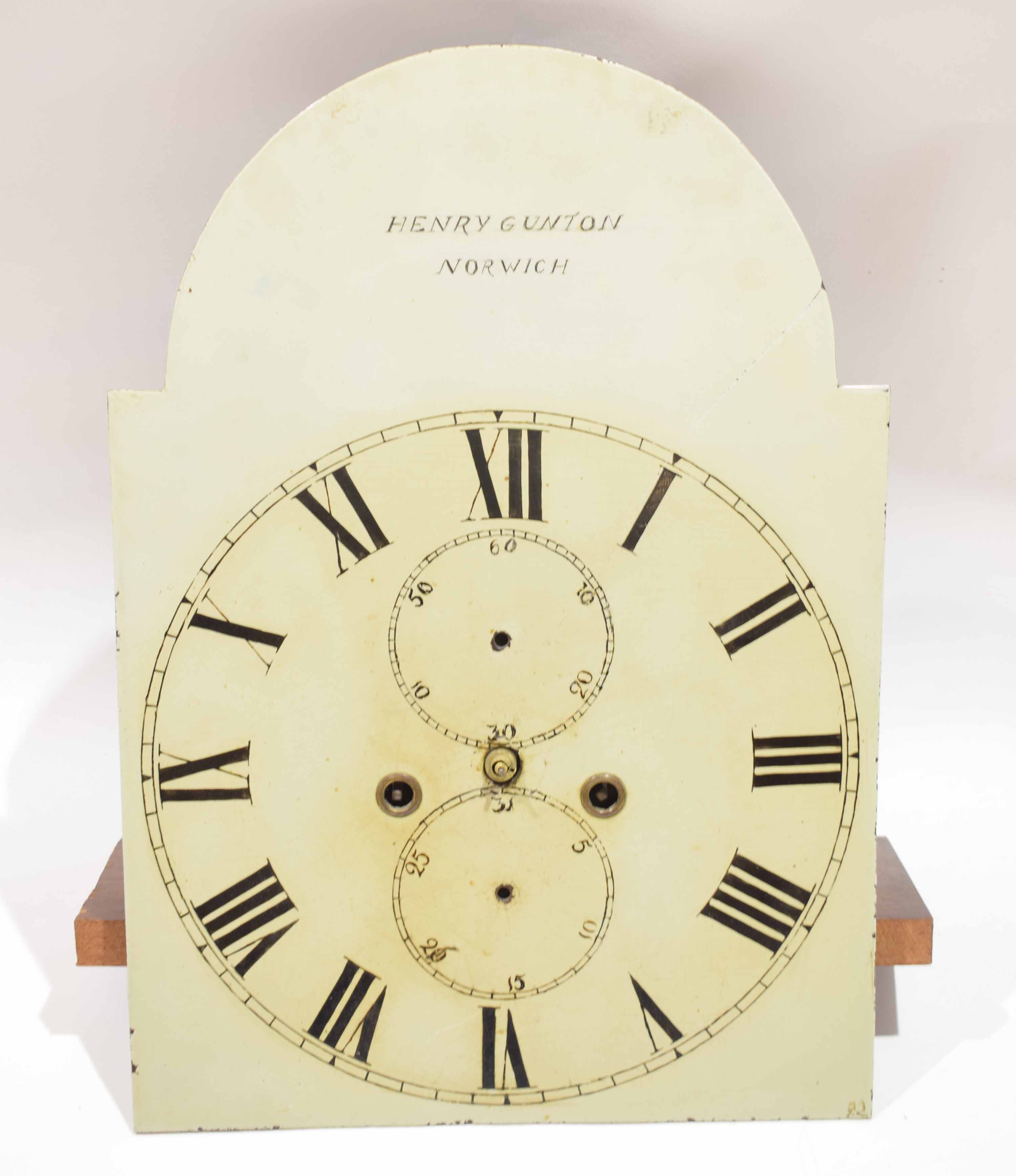 Longcase clock face, movement and pendulum, inscribed "Henry Gunton, Norwich", 45cm high - Image 2 of 6