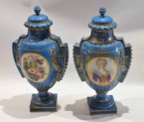 Large pair of Sevres style vases and covers, the blue ground with simulated gilt decoration, the