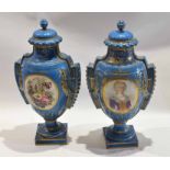 Large pair of Sevres style vases and covers, the blue ground with simulated gilt decoration, the