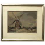 Arthur Edward Davies, RBA, RCA, (1893-1988), Norfolk landscape with mill, pen, ink and