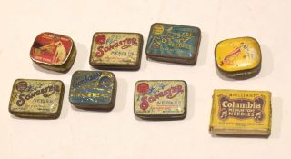 Box of various vintage needle tins