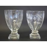 Two large late 19th/early 20th century glass rummers with an engraved floral design above a