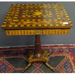 Decorative inlaid pedestal work or games table, profusely inlaid throughout with floral marquetry