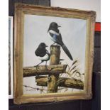 C Jeffaries (20th century), Pair of Magpie on a post, oil on canvas, signed lower left, 60 x 50cm