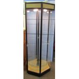 Modern hexagonal tall glass and metal framed display cabinet fitted with revolving glass shelves,
