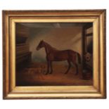 Cornelius Jansen Walter Winter (1817-1891) , Horse and dog in stable interior , oil on canvas,