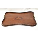 Edwardian mahogany and satinwood inlaid brass twin-handled tray, central shell motif and chequered