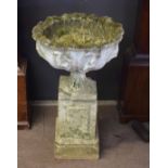 Composition pedestal garden urn with detachable stand (weathered), 49cm diam