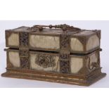 Unusual gilt metal mounted faded tortoiseshell or composition casket of rectangular form, the lid