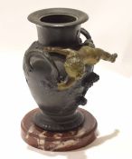 Antique bronze urn on marble base, with two handles and cherub, 17cm high