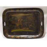 19th century Toleware tray of rectangular form with integral handles, gilt highlighted and painted