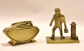 Ronson brass table lighter and further brass model of a workman, 9cm and 10cm long respectively (2)