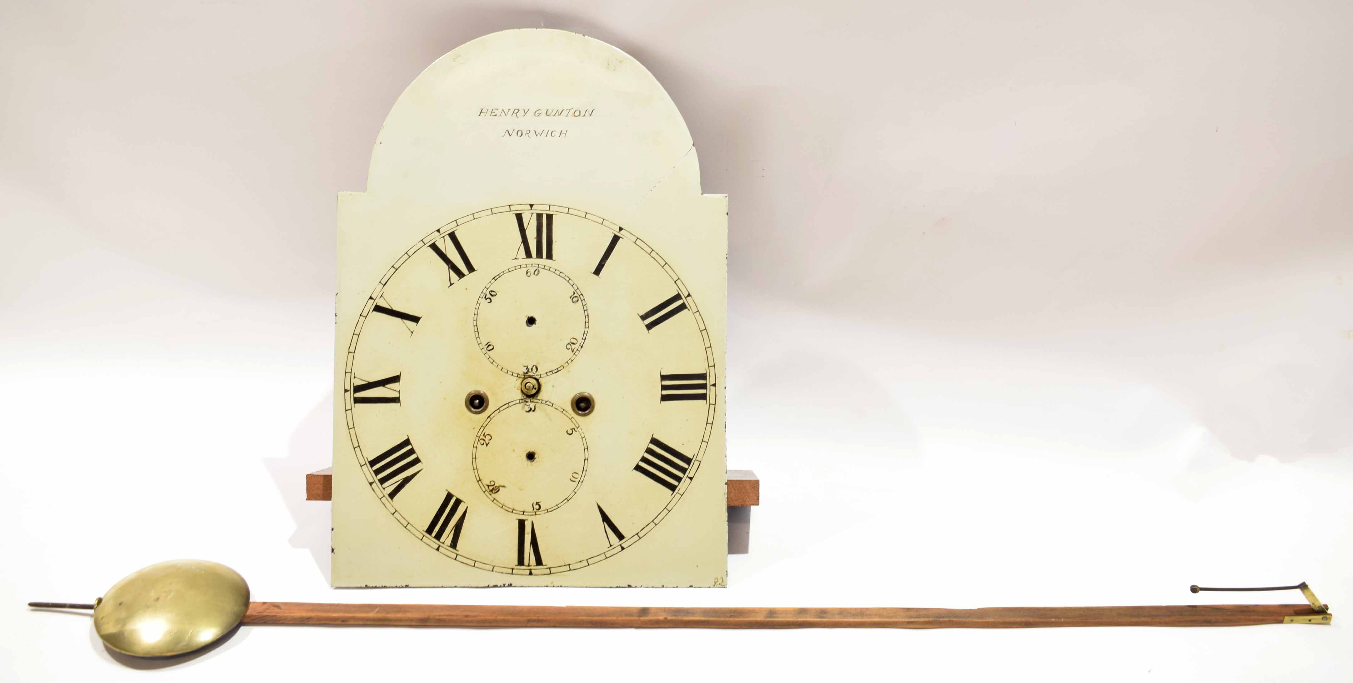 Longcase clock face, movement and pendulum, inscribed "Henry Gunton, Norwich", 45cm high