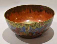Wedgwood lustre bowl decorated to the exterior with a pagoda and various tree designs, the orange