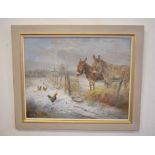 John G Mace (contemporary), Winter landscape with donkeys and chickens, oil on board, signed lower