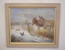 John G Mace (contemporary), Winter landscape with donkeys and chickens, oil on board, signed lower