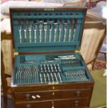 Early 20th century oak canteen of Dixon's plated cutlery, predominantly for 12, includes table