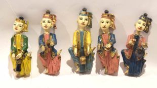 Set of five painted Eastern or Oriental figures in the form of female musicians, 18cm high