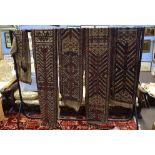 Collection of five various antique wool embroidered panels or wall hangings, each decorated with