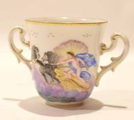 20th century Capo di Monte two handled chocolate cup decorated in relief with a chariot scene and