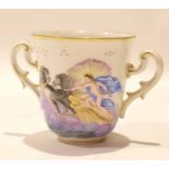 20th century Capo di Monte two handled chocolate cup decorated in relief with a chariot scene and