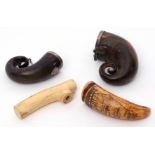 Mixed group of antique natural rams horn snuff mull with white metal mount (lacking lid), a