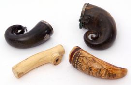 Mixed group of antique natural rams horn snuff mull with white metal mount (lacking lid), a