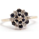 9ct gold sapphire and diamond cluster ring, the flowerhead featuring 12 small circular cut sapphires